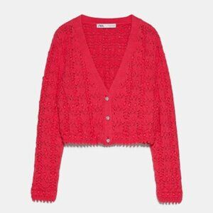 Zara Rhinestone Pointelle Knit Cropped Cardigan Sweater Fushia Pink Size Small
